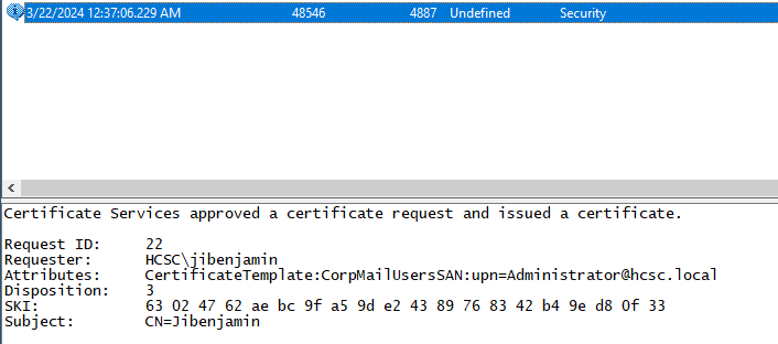 Requesting a certificate using the vulnerable template