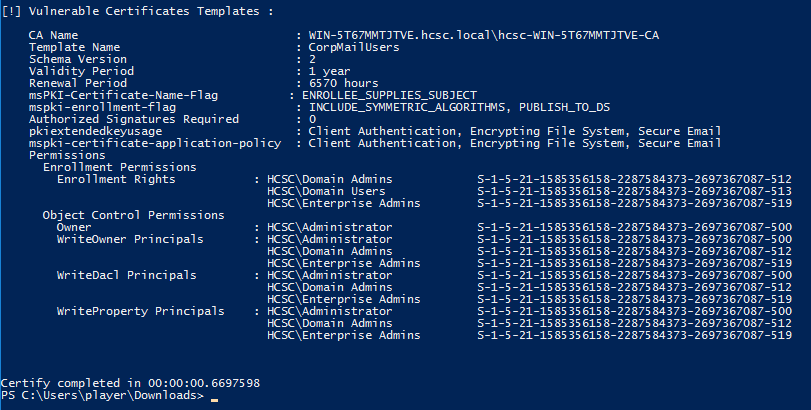 Vulnerable certificate template