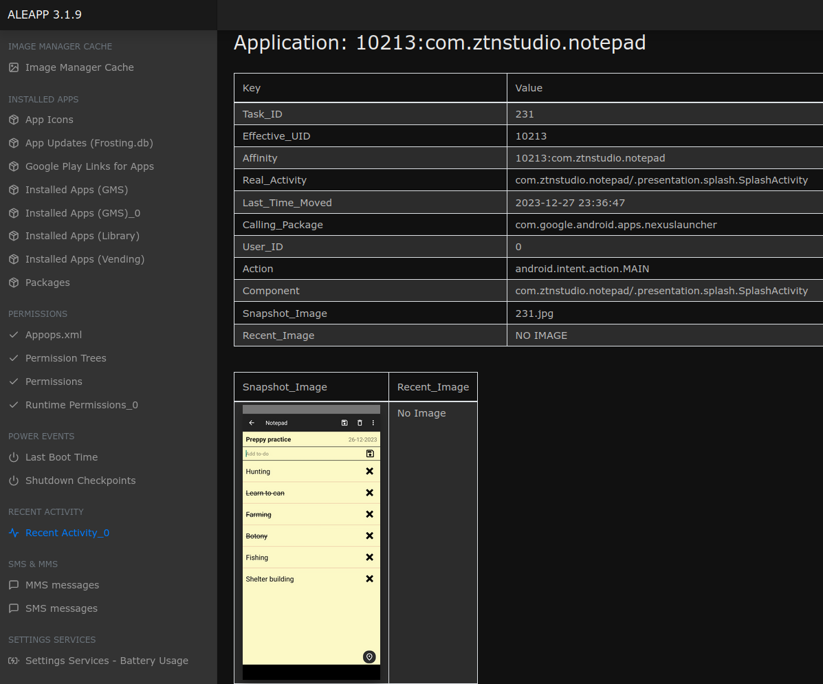 ALEAPP notepad recent activity