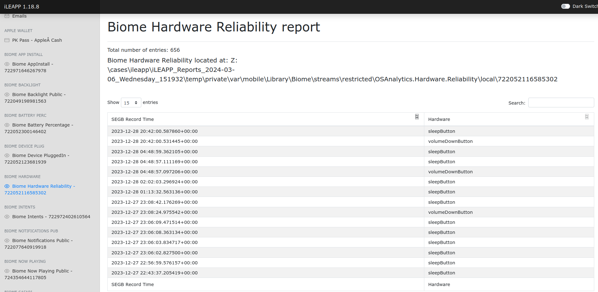 iLEAPP Biome Hardware Reliability report