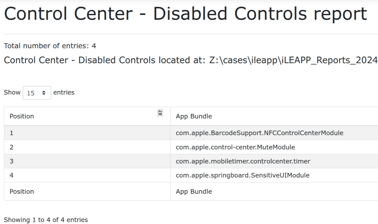 iLEAPP Control Center - Disabled Controls report